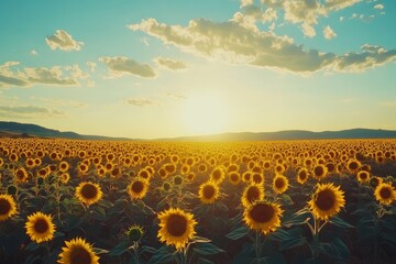 Fototapeta premium Stunning Sunflower Field Sunset Landscape Photo