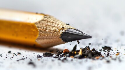 A close-up image of a pencil with a broken tip. The pencil is lying on a white surface, and there is a pile of pencil shavings next to it.