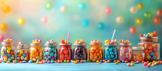 Naklejka premium Colorful birthday candy bar display with jars of sweets and vibrant background suitable for party invitations or promotional materials