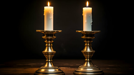 Fototapeta premium Two elegant candles in antique gold candle holders, perfect for religious or decorative themes.