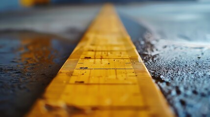 Yellow measuring tape lying on wet asphalt road surface with blurred background.