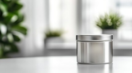 Elegant silver container on minimalist white table with blurred greenery in background, ideal for product display and branding opportunities.