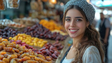 Smiling woman at vibrant fruit market, surrounded by colorful dried fruits and nuts. The scene is full of energy and positive vibes, capturing a moment of joyful shopping and cultural exploration.