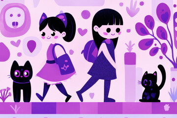 Two girls walking with black cats in purple setting