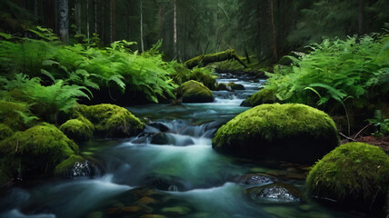 Small river in the dark evergreen forest. Crystal clear water, rocks, moss, fern, plants close-up