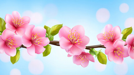 Pink cherry blossoms on branch with blue bokeh background