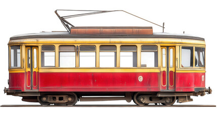 vintage tramcar. showcasing a red and yellow exterior with a classic design the tram appears well-preserved. highlighting its historical significance in urban transport it is positioned against a plai