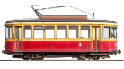 vintage tramcar. showcasing a red and yellow exterior with a classic design the tram appears well-preserved. highlighting its historical significance in urban transport it is positioned against a plai
