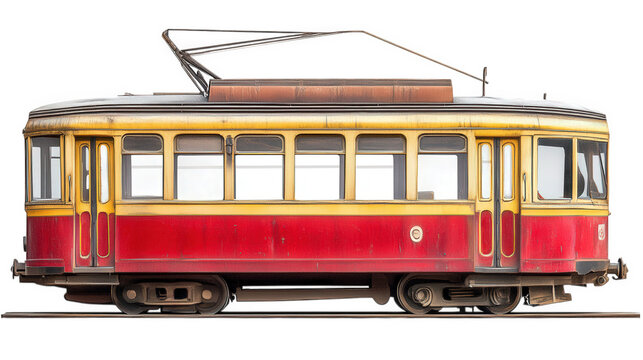Naklejki vintage tramcar. showcasing a red and yellow exterior with a classic design the tram appears well-preserved. highlighting its historical significance in urban transport it is positioned against a plai