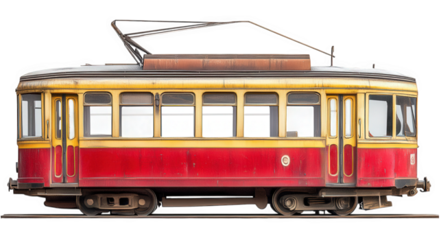 vintage tramcar. showcasing a red and yellow exterior with a classic design the tram appears well-preserved. highlighting its historical significance in urban transport it is positioned against a plai