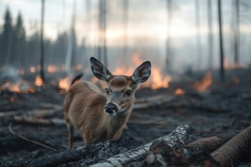 Frightened animal in the forest where fire - wildlife rescue, woodland preservation, creature safety, blaze threat, flaming trees, ecological crisis, fauna protection, habitat security.