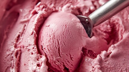 Creamy pink raspberry ice cream scoop closeup