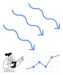Doctor pointing to line chart with data points, arrows symbolizing external influences. Ideal for healthcare analysis, research trends, data impact, decision-making, growth strategies, statistics