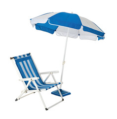 White and Blue Outdoor Chair and Umbrella Set for Garden or Beach, PNG file for mock-up.