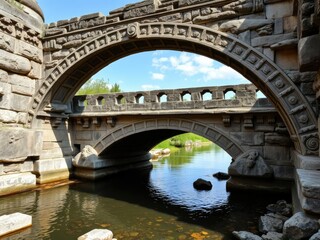 Fototapeta premium Ancient stone bridge with intricate carvings spanning a river, landscape, ancient