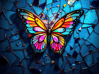 colorful mosaic butterfly on blue abstract background created from shattered glass tiles and mirrored fragments,  mosaic art,  vibrant colors