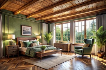 Fototapeta premium Vintage Minimalist Bedroom Photography: Serene Wooden Ceiling, Cozy Reading Nook, Large Window