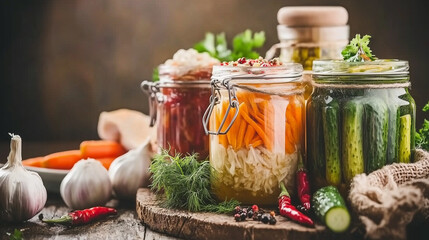Fermented Vegetables in Jars with Fresh Herbs on Rustic Table