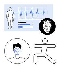 Human body with ECG, heart diagram and graph, facial recognition face scan, and fitness icon. Ideal for healthcare, fitness, diagnostics, biometrics, wellness tech abstract line flat metaphor
