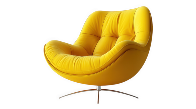 stylish. modern yellow chair with a smooth. curved design and plush upholstery. resting on a sleek metal base its vibrant color and ergonomic shape suggest comfort and contemporary aesthetics. making