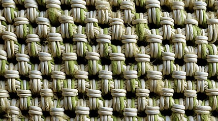 Close-Up of Woven Fabric Texture with Green and Beige Threads, Detailed Macro Shot of Textile Weaving Pattern, High-Resolution Fabric Structure, Natural Fiber Material