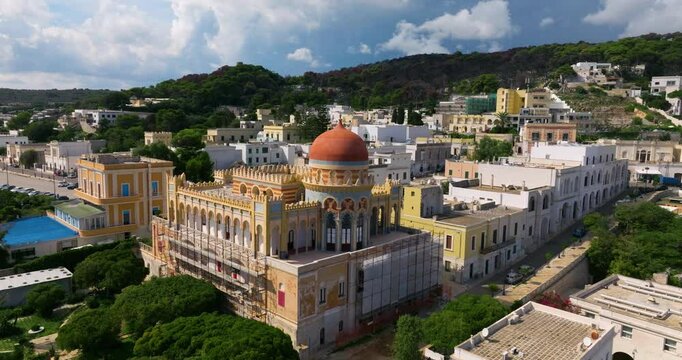 Moorish Palace Of Palazzo Sticchi Over Seaside Town Of Santa Cesarea Terme, Italy. Aerial Drone Shot