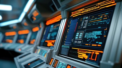 Fototapeta premium A futuristic control panel displays bright screens with data and graphics, showcasing a high-tech environment for monitoring and analysis.