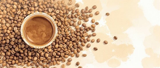 Naklejka premium Artistic composition of coffee and beans painted with watercolors, caffeine, elegant