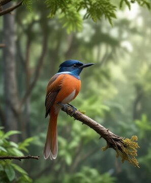 Asian Paradise Flycatcher perched on a thin branch with a blurred forest background, parid, asian paradise flycatcher, avian