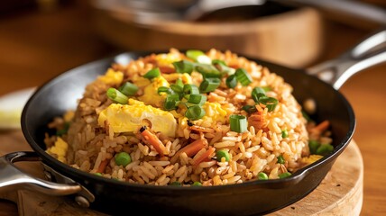 A delicious plate of fried rice garnished with fresh green onions and colorful vegetables, served in a sleek black skillet. Perfect for showcasing culinary art and vibrant flavors.