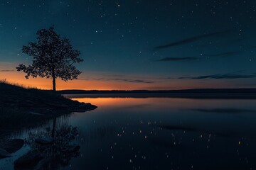 Fototapeta premium Serene Night Lake Landscape with Starry Sky and Lone Tree