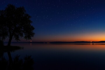 Serene Night Lake Landscape with Starry Sky and Tree Silhouette