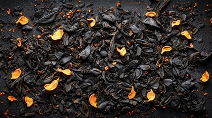 Black tea, orange petals, dark background, food photography, packaging