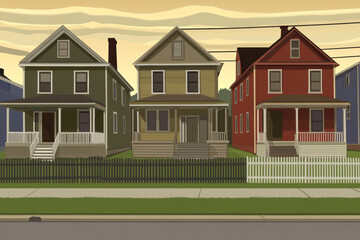 Three colorful houses with picket fences at sunset
