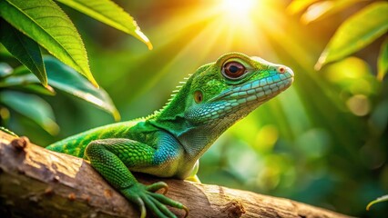 Obraz premium Green Lizard on Tree Branch, Reptile in Nature, Wildlife Photography, Chameleon on Tree, Exotic Lizard, Treetop Lizard, Reptile on Wood