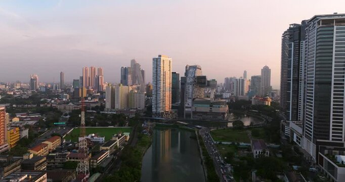 Towering Buildings On The City Capital Of Colombo At Sunset In Sri Lanka. Aerial Drone Shot