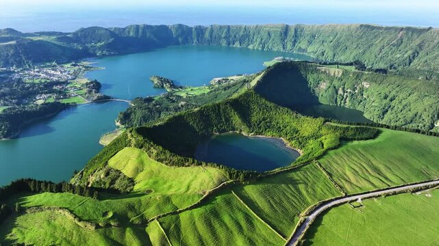 Epic aerial view over Sete Cidades on S&atilde;o Miguel, 7 wonders of Portugal