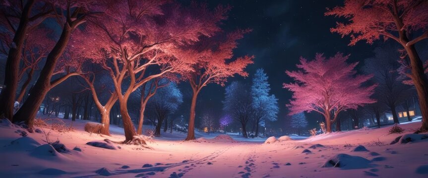 Basurero cubierto de nieve en la parte superior de un parque con ?rboles y luces de ne?n , iluminaci?n, l?menes