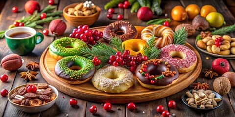 Fototapeta premium Holiday Charcuterie Board with Donuts: Festive Treats and Colorful Delights for Celebrations