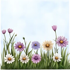 Obraz premium Pastel Daisies in a Serene Meadow under a Pale Blue Sky, a Gentle and Peaceful Spring or Summer Scene