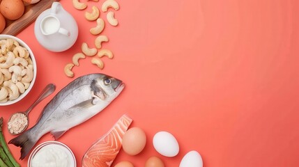 vegetables and fruits, meats  background with copy space