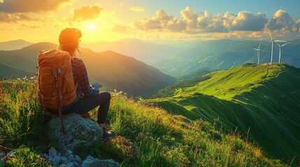 Fototapeta premium Woman Backpacker Enjoying Sunset Mountain View