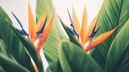 Two vibrant orange bird of paradise flowers bloom amidst lush green foliage.