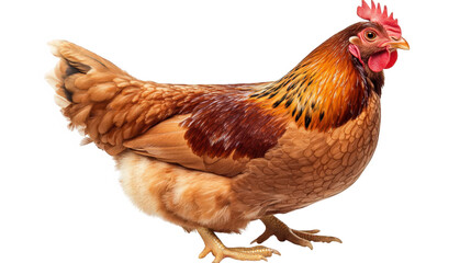 brown hen standing upright against a white background the hen has a vibrant plumage with shades of brown and hints of gold. showcasing its healthy feathers and distinctive red comb in contexts related