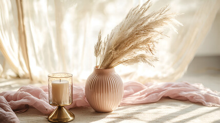Serene scene with pampas grass in a pink vase, a candle, and soft fabrics.  Sunlight streams through sheer curtains.