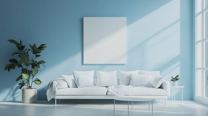 Serene Minimalist Living Room Design with Blue Walls and White Sofa