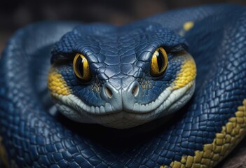 Fototapeta premium Blue viper snake with striking yellow eyes closeup, blue, wildlife