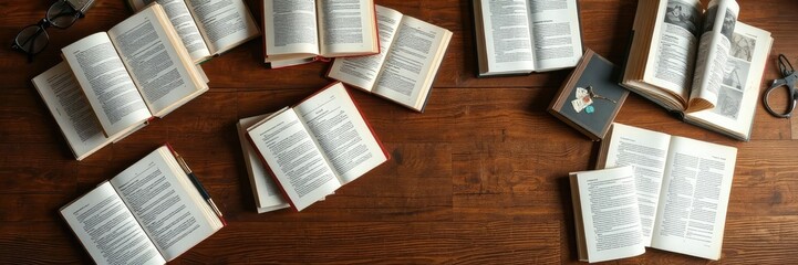 Obraz premium Books scattered across a wooden table with some reading materials, reading, desk