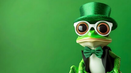 Obraz premium Festive frog in top hat, bow tie, and sunglasses against green background.