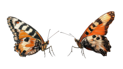 two intricately detailed butterflies facing each other. showcasing their vibrant orange and black patterns against a plain white background the artwork emphasizes the beauty and diversity of nature. i